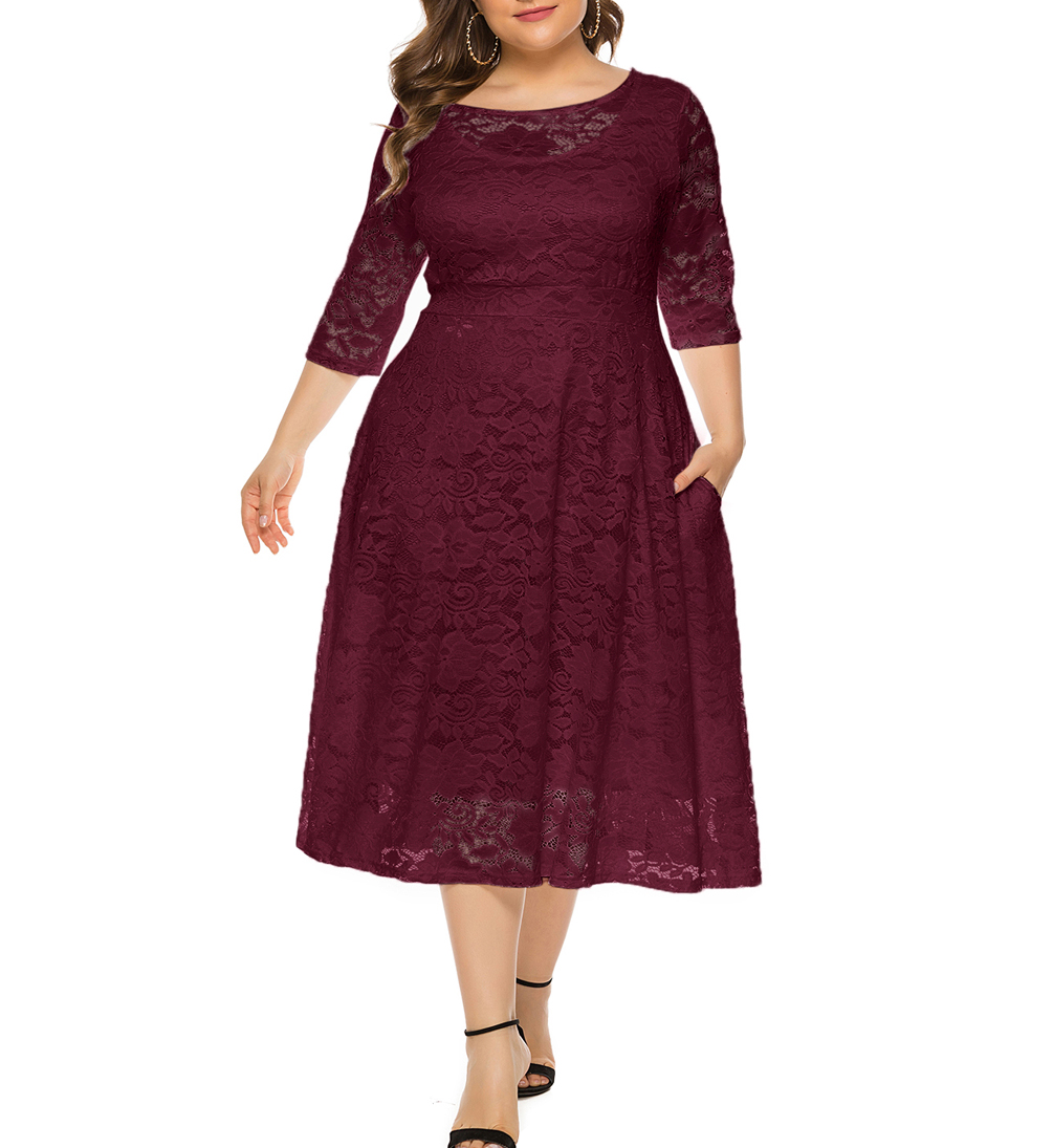 Eternatastic Womens Scooped Neckline Floral lace Top Plus Size Cocktail Party Midi Dress XL Deep Red